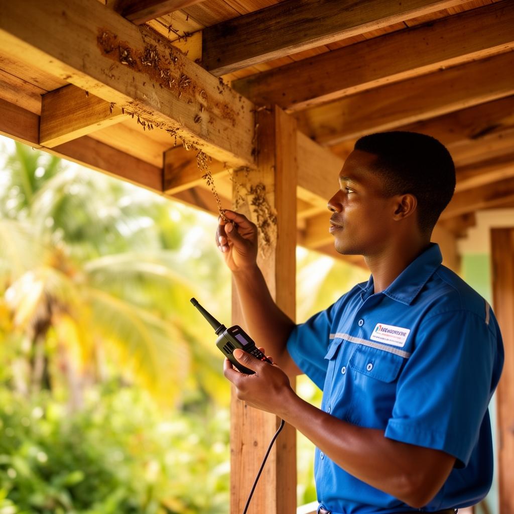 Technicien Termi Techniques inspectant une charpente en Guadeloupe